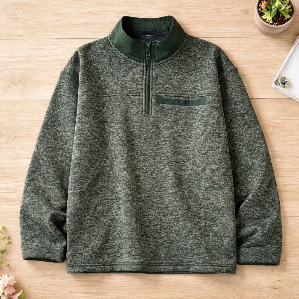 Eddie Bauer Mens XXL Olive Green Marled Quarter‎ Zip Fleece Pullover Sweater 2XL